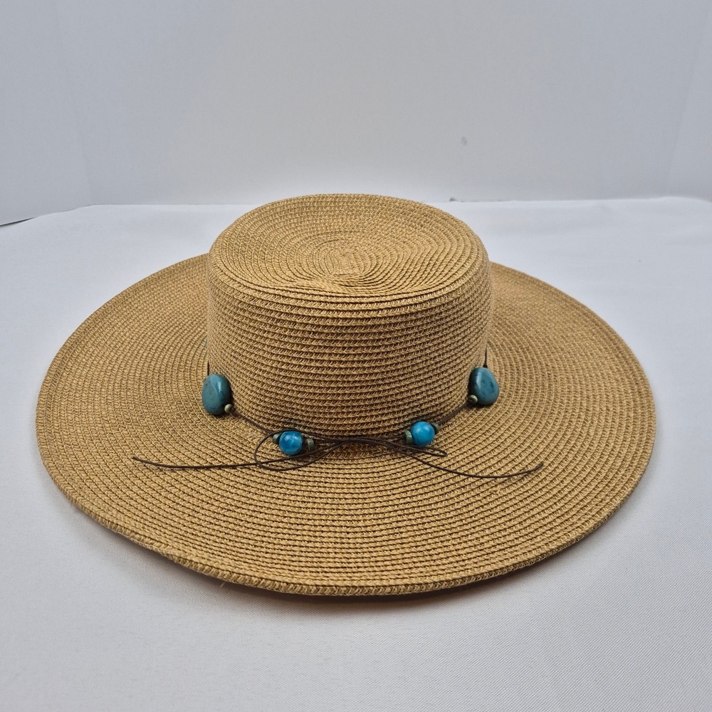 Wide Brim Straw Sun Hat Faux Turquoise Beaded‎ 100% Paper Boho Beach Resort